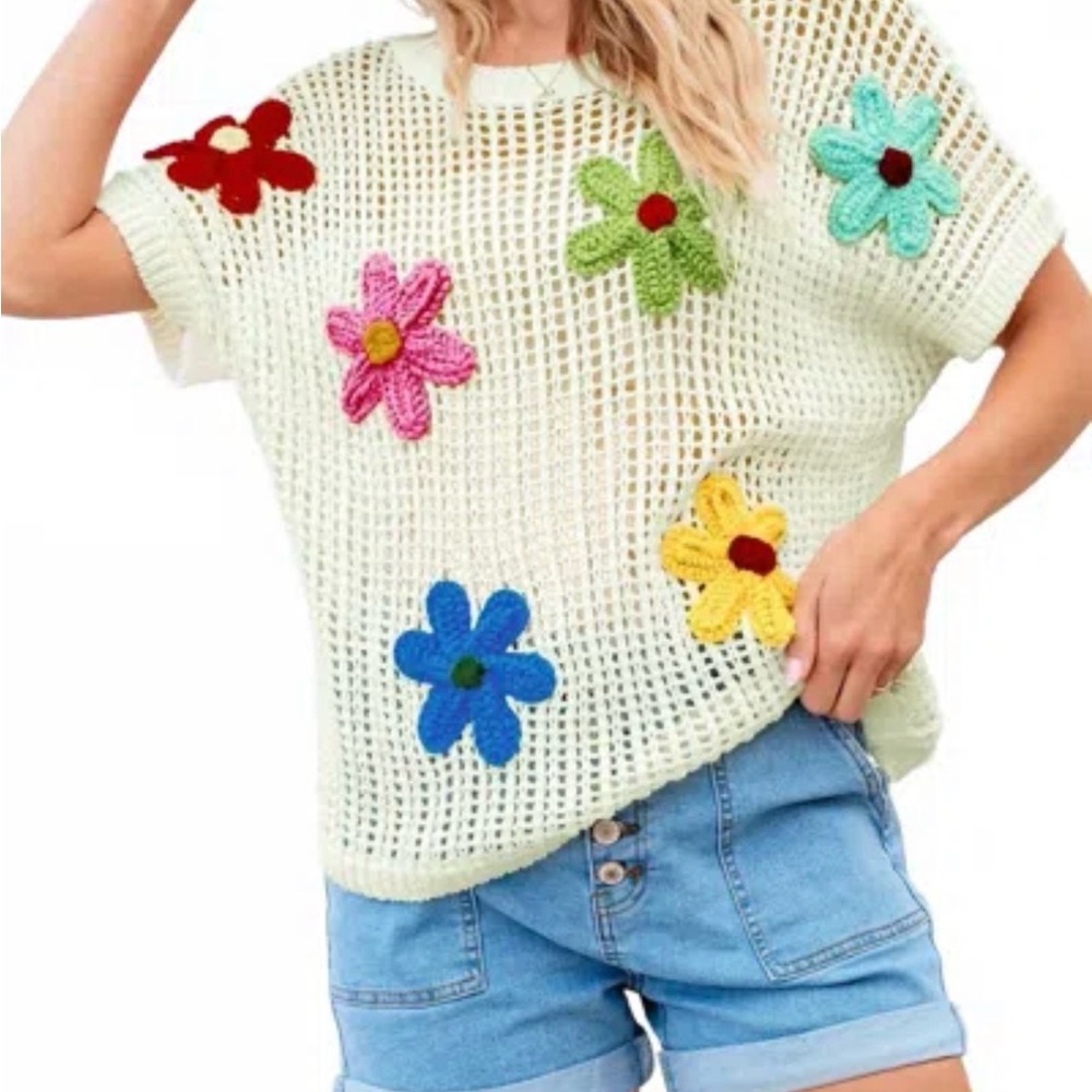 Crochet Flower Open Knit top XL Cream Boho Chic Cottagecore Festival Hippie